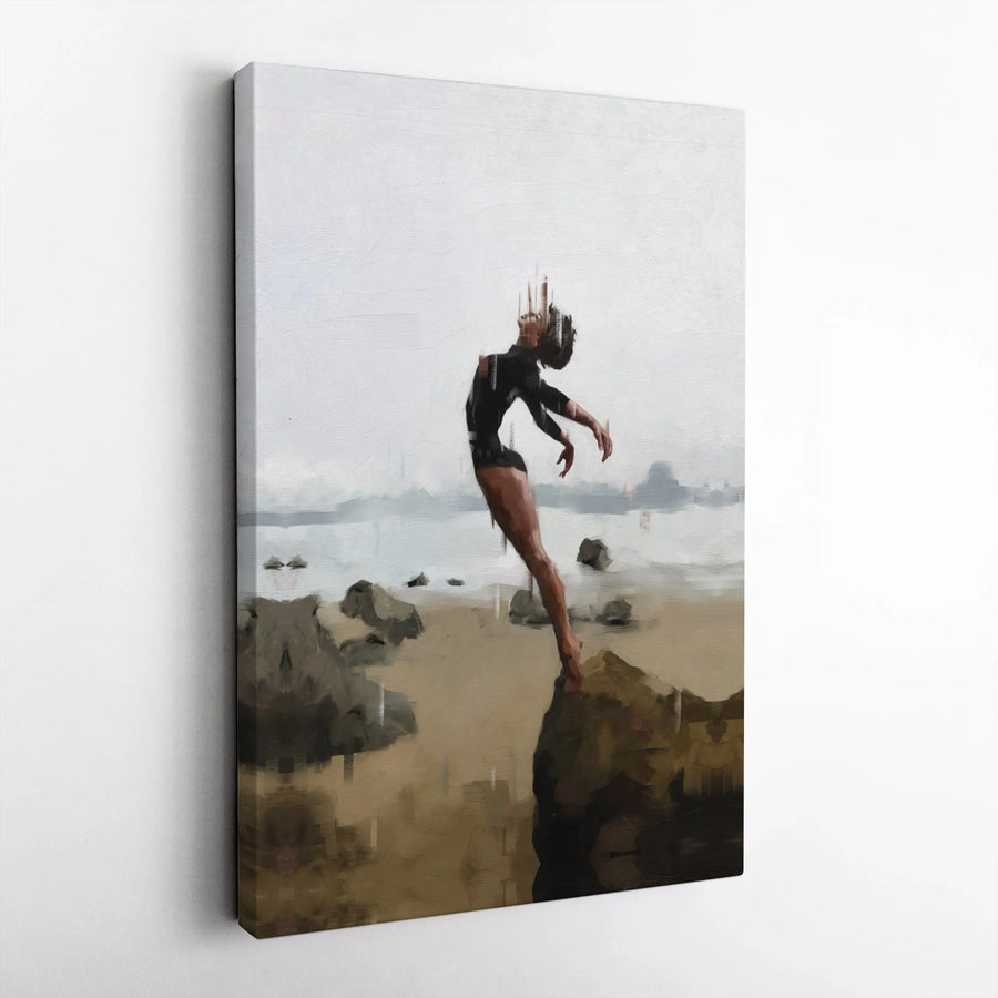 Abstract Dancer Wall Art | Elegant Female Pose On Rocky Shore | Premium Gallery Wrapped Canvas | Minimalist Home Decor Gift