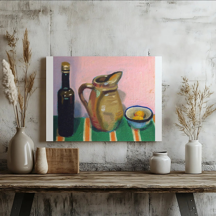 Still Life Canvas Art Print | Colorful Pitcher and Bottle Painting | Premium Gallery Wrapped Canvas | Dining Room & Kitchen Decor Gift