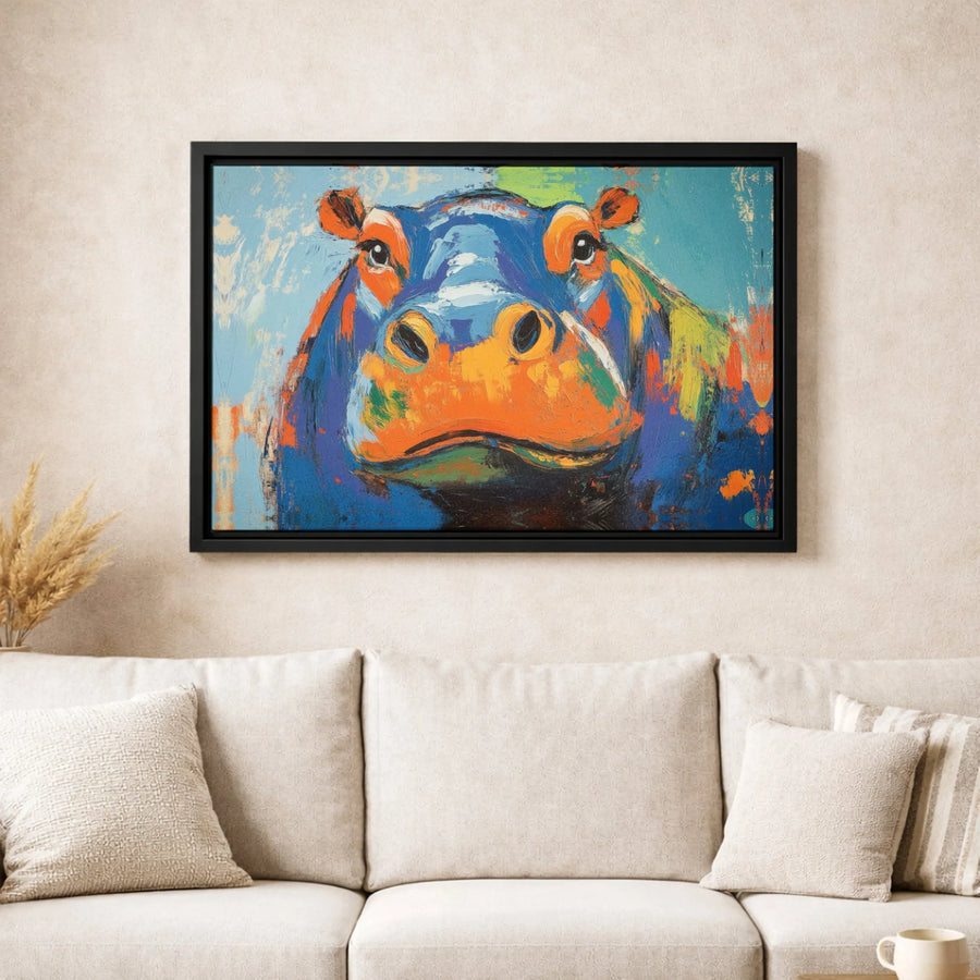 Abstract Hippopotamus Wall Art | Vibrant Palette Knife Style Oil Painting Print | Gallery-Wrapped Canvas | Animal Lover Home Decor Gift