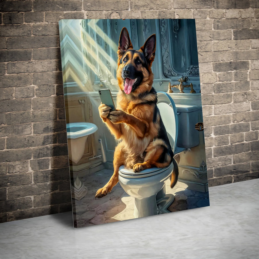 German Shepherd Toilet Wall Art | Funny Dog Using Smartphone Print | Premium Gallery Wrapped Canvas | Humorous Bathroom Decor Gift