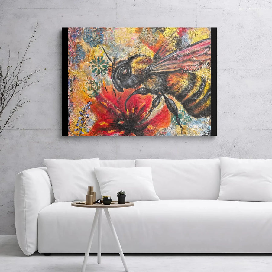 Bumblebee Canvas Wall Art | Textured Abstract Floral Painting | Premium Gallery Wrapped Print | Nature Inspired Home Decor Gift