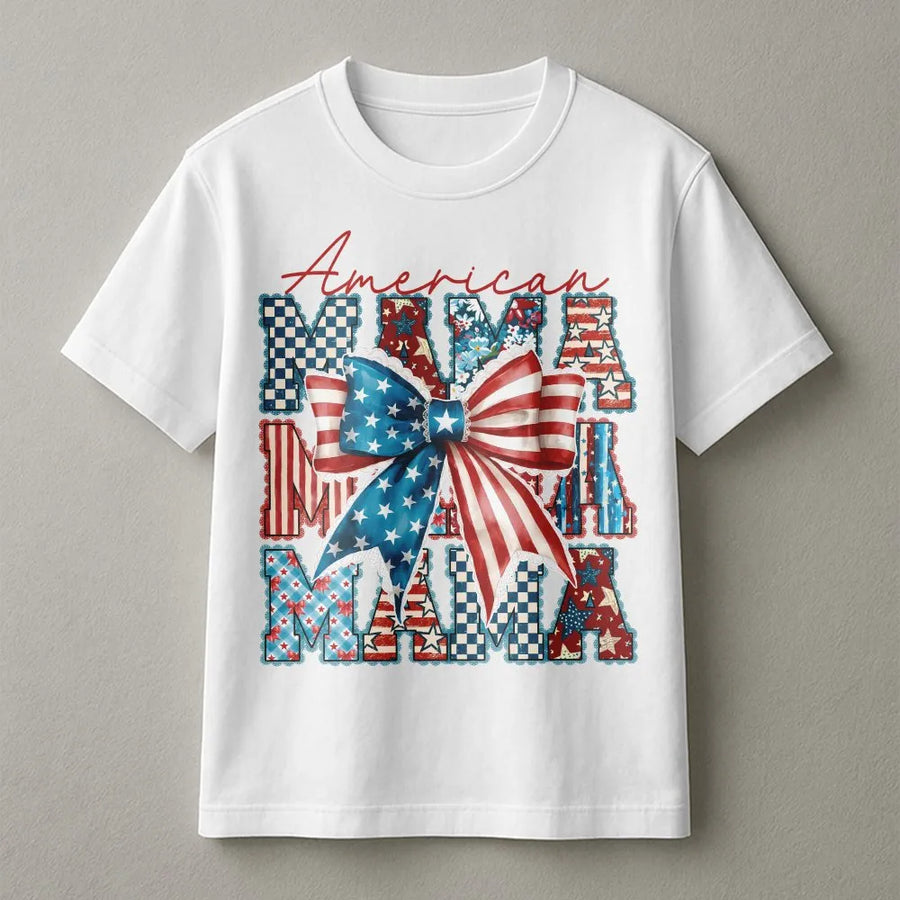 American Mama T-Shirt | Red White Blue Coquette Bow Graphic | Soft Cotton Blend | 4th of July Gift for Mom
