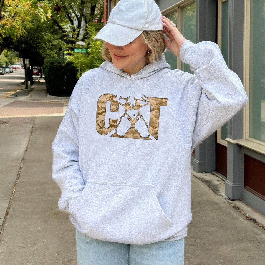 Camo Cat Hoodie | Camouflage Animal Graphic Print | Soft Cotton-Poly Blend | Unisex Gift for Cat Lovers and Wildlife Enthusiasts