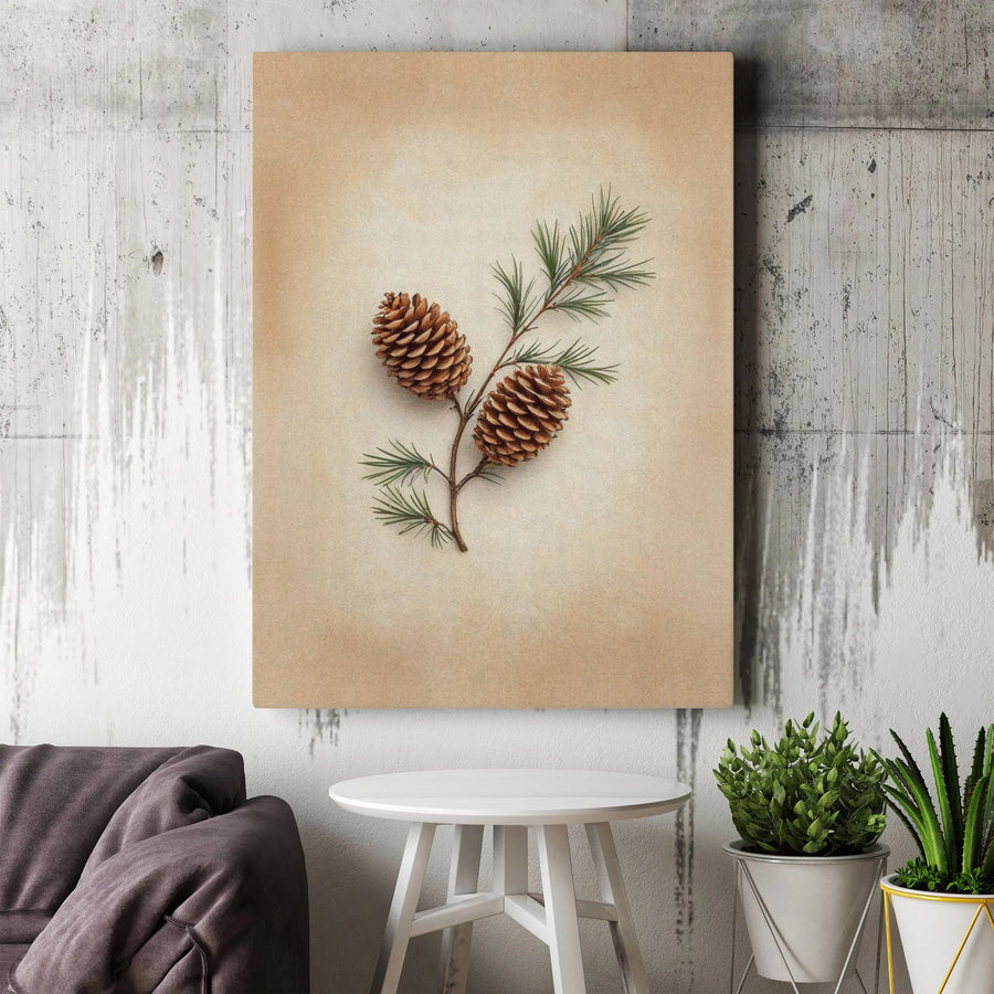 Pine Cone Canvas Wall Art | Minimalist Botanical Pine Branch Print | Premium Fade-Resistant Gallery Wrap | Rustic Nature Home Decor Gift