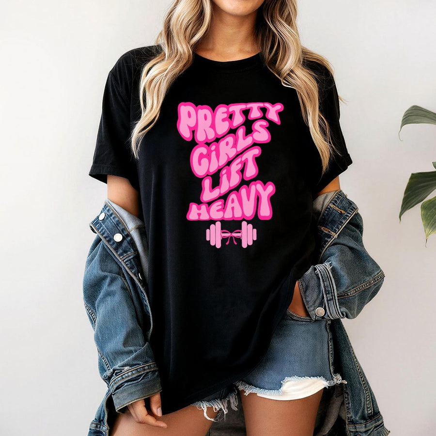 Pretty Girls Lift Heavy T-Shirt | Retro Gym Graphic Print | 100% Cotton Premium Tee | Weightlifting Gift for Women & Fitness Enthusiasts