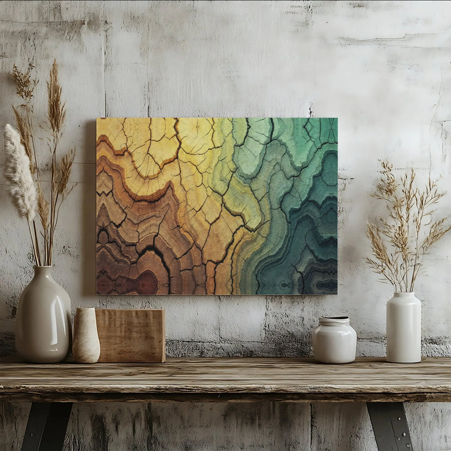 Abstract Wood Grain Canvas Wall Art | Cracked Texture Teal and Gold Gradient | Premium Gallery Wrap Print | Modern Living Room Home Decor