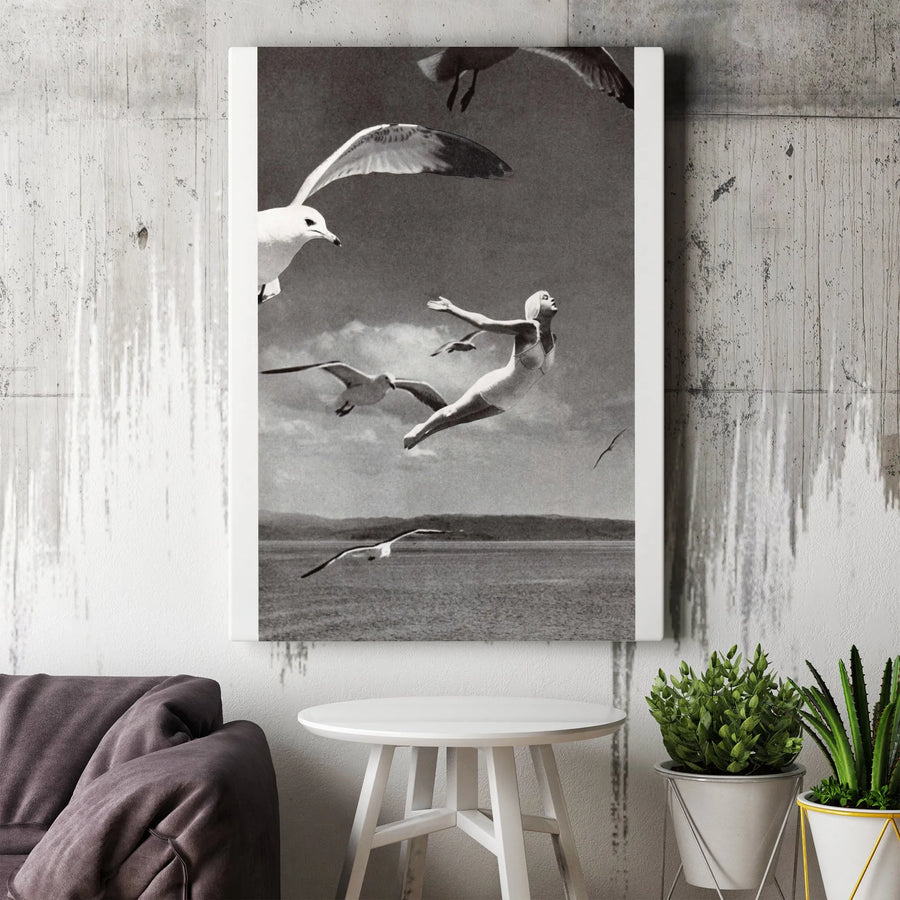 Surreal Woman Flying Canvas Print | Black and White Vintage Photography | Premium Gallery Wrap Canvas | Modern Home & Office Wall Decor Gift