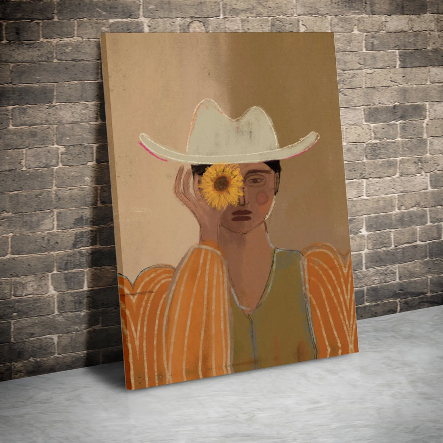 Boho Western Wall Art | Sunflower Cowgirl Portrait | Premium Frameless Canvas | Abstract Home Decor Gift
