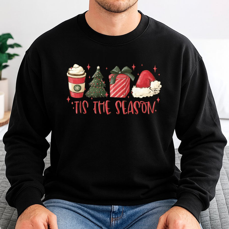 Tis The Season Sweatshirt | Cute Christmas Coffee Tree Graphic | Premium Cotton Blend | Holiday Gift for Women and Men