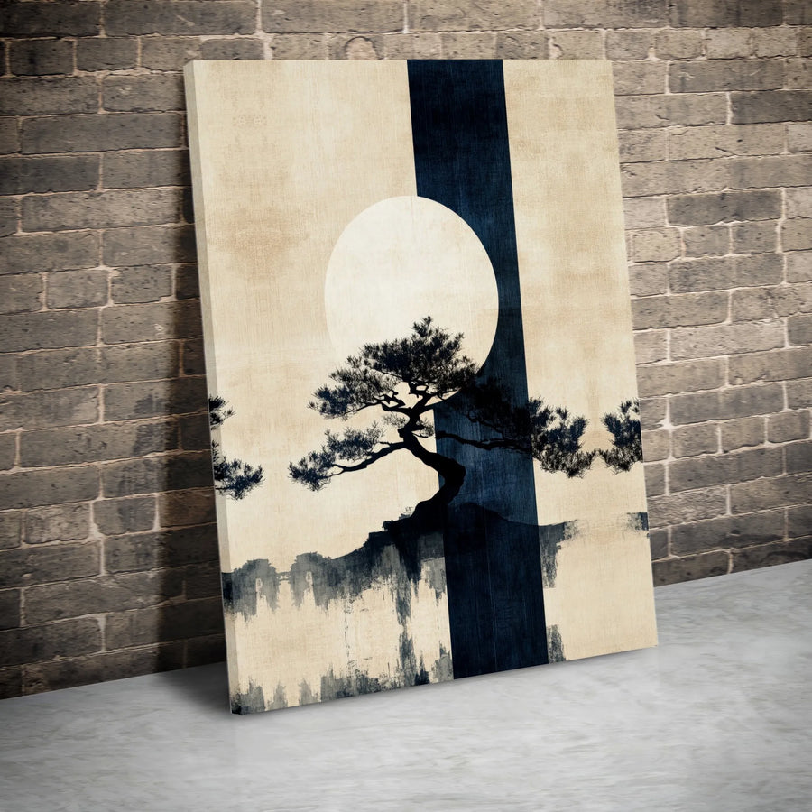 Japanese Bonsai Tree Canvas Print | Zen Abstract Sun Wall Art | Premium Gallery Wrapped Decor | Modern Minimalist Home Office Gift