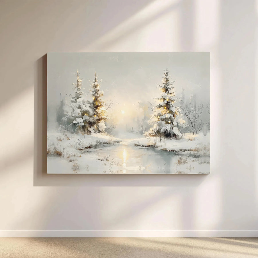 Winter Landscape Canvas Wall Art | Snowy Pine Trees Frozen River Print | 1.25" Gallery Wrap | Christmas Home Decor Gift