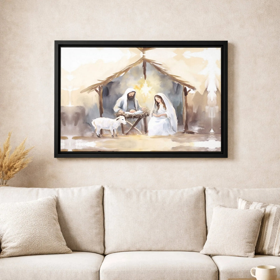 Watercolor Nativity Scene Canvas | Holy Family Christmas Wall Art | Gallery Wrapped Premium Print | Religious Home Decor Gift