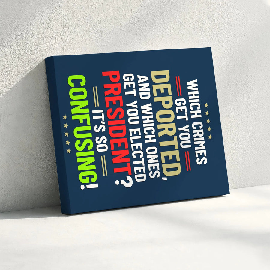 Political Satire Canvas Print | Which Crimes Get You Deported Quote | Premium Fade-Resistant Art | Funny Political Gift for Liberal Home Decor