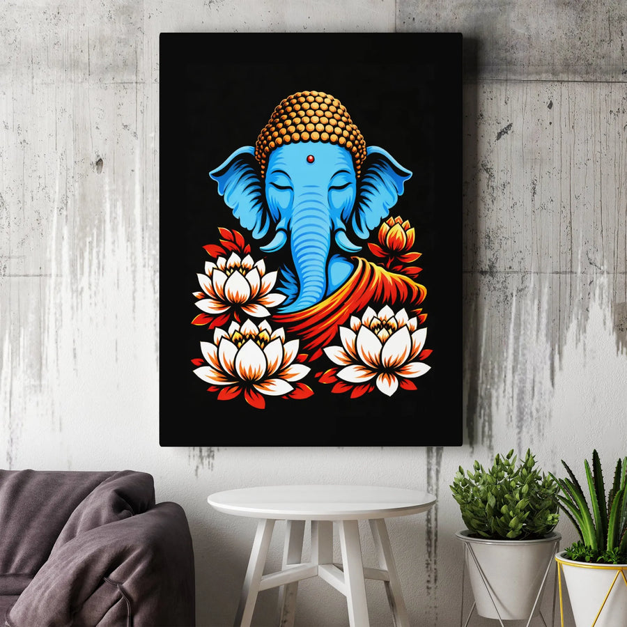 Ganesha Canvas Wall Art | Blue Meditating Buddha With Lotus Flowers | Premium Gallery Wrap Print | Spiritual Home Decor Gift