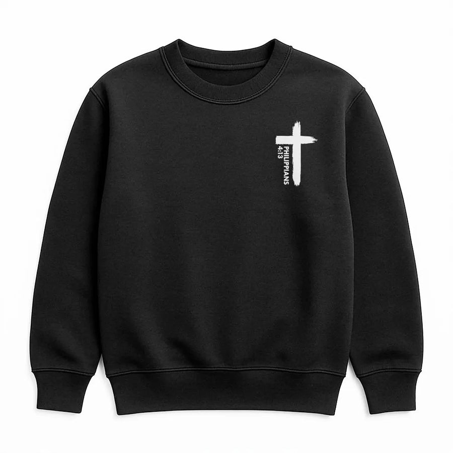 Philippians 4:13 Sweatshirt | Minimalist Brush Stroke Cross Design | Premium Cotton Tee | Christian Faith Based Gift for Men & Women