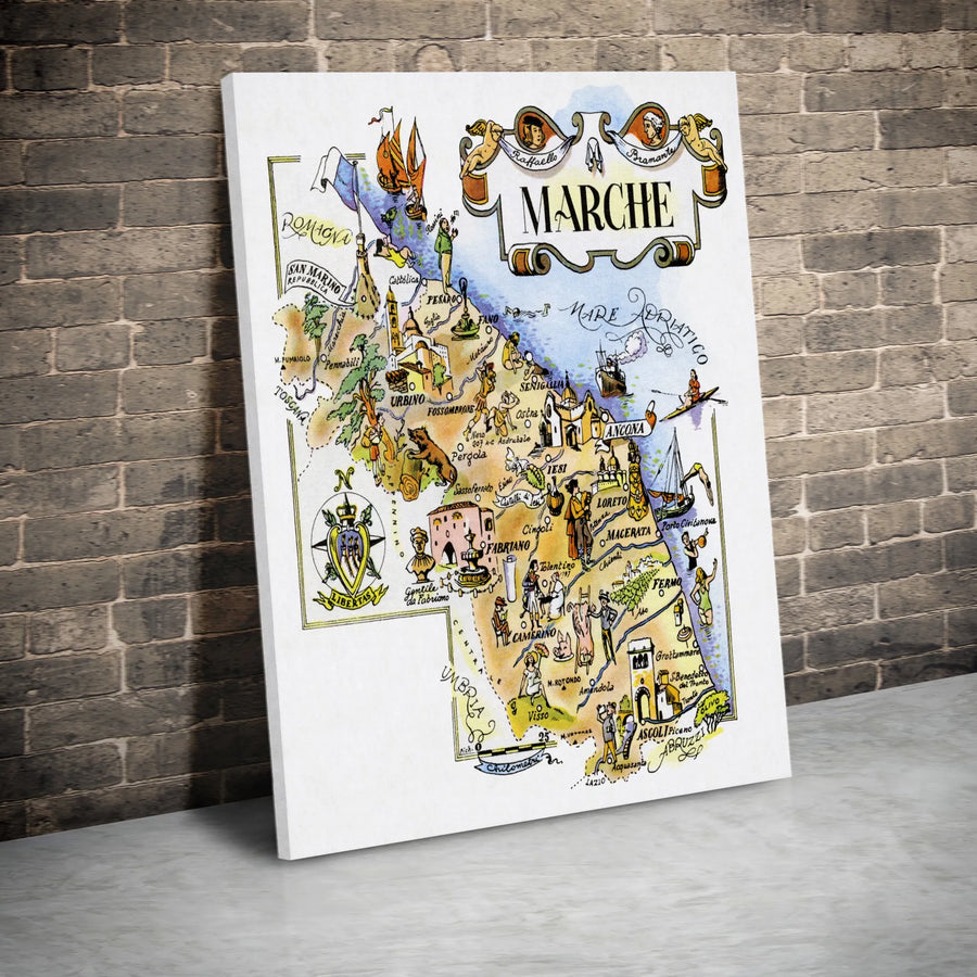 Marche Italy Map Print | Vintage Illustrated Pictorial Art | Gallery Quality Premium Canvas | Travel Lover Home Decor Wall Gift