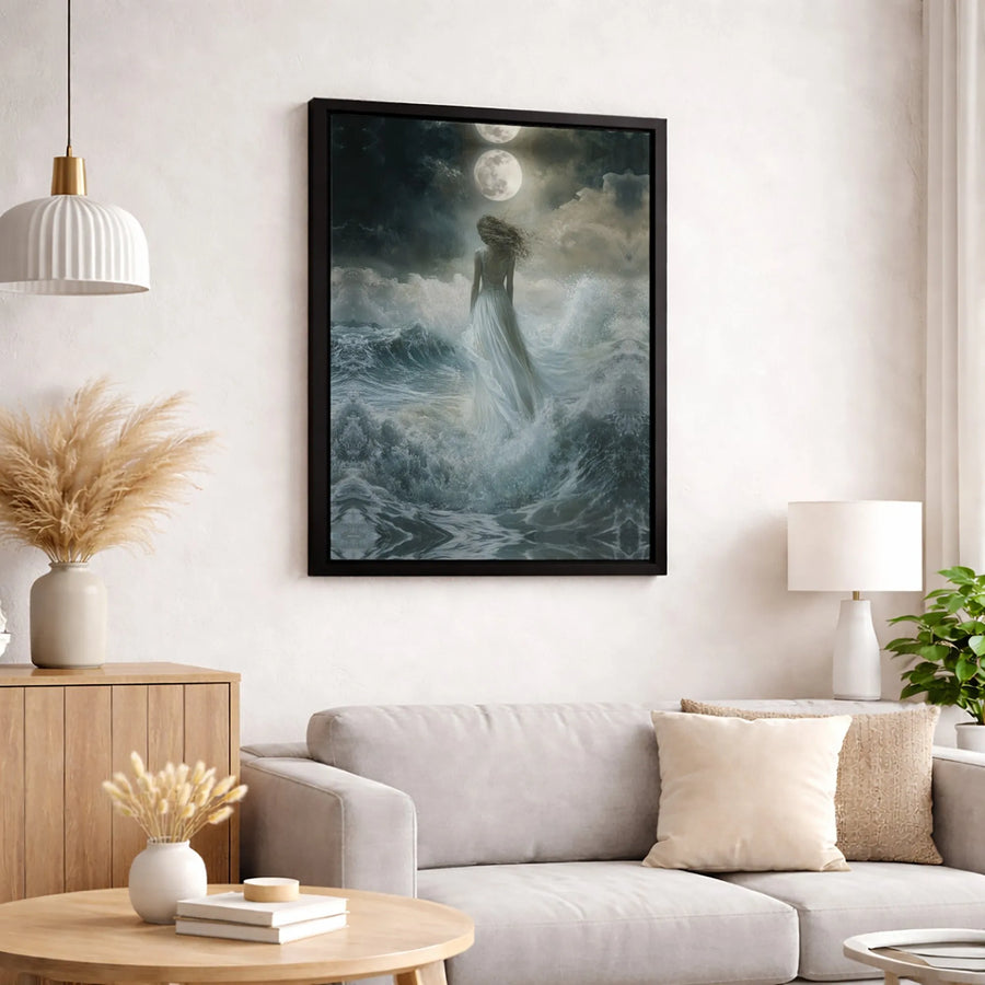 Surreal Moonlit Ocean Canvas Art | Gothic Fantasy Woman in Stormy Sea | Premium 1.25 Inch Gallery Wrap | Dreamy Home Decor Wall Print