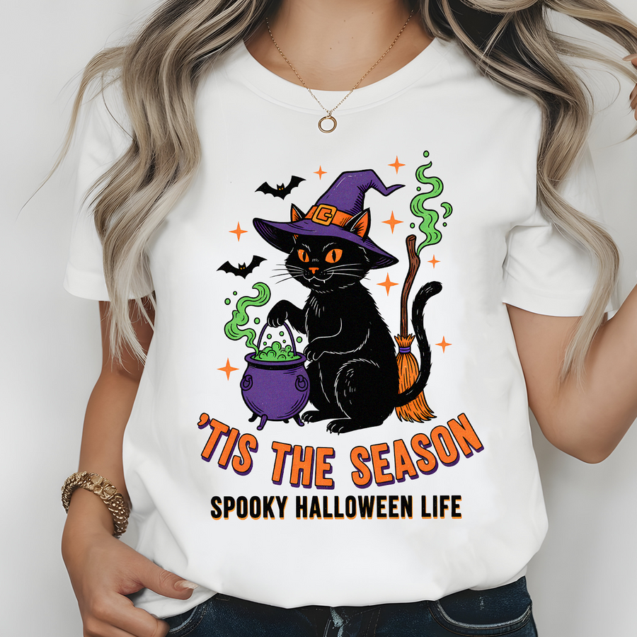 Black Cat Halloween T-Shirt | Retro Spooky Witch Cauldron Graphic | Premium Cotton Unisex Tee | Gift for Halloween Lovers