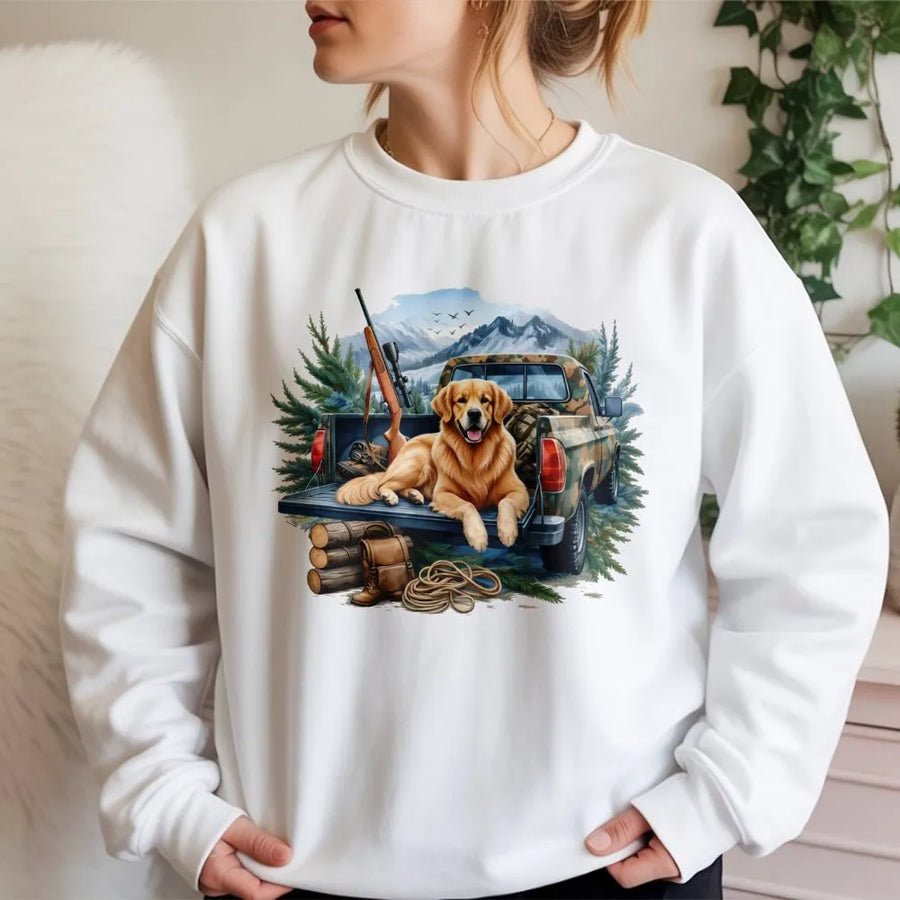 Golden Retriever Sweatshirt | Hunting Dog and Pickup Truck Graphic | Cotton Blend Premium Crewneck | Outdoorsy Gift for Dog Lovers