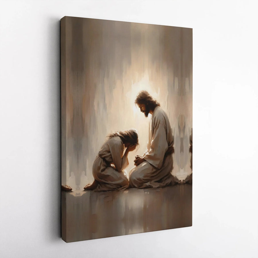 Jesus and Praying Woman Canvas Print | Spiritual Christian Wall Art | Premium Gallery-Wrapped Decor | Religious Gift for Home or Church