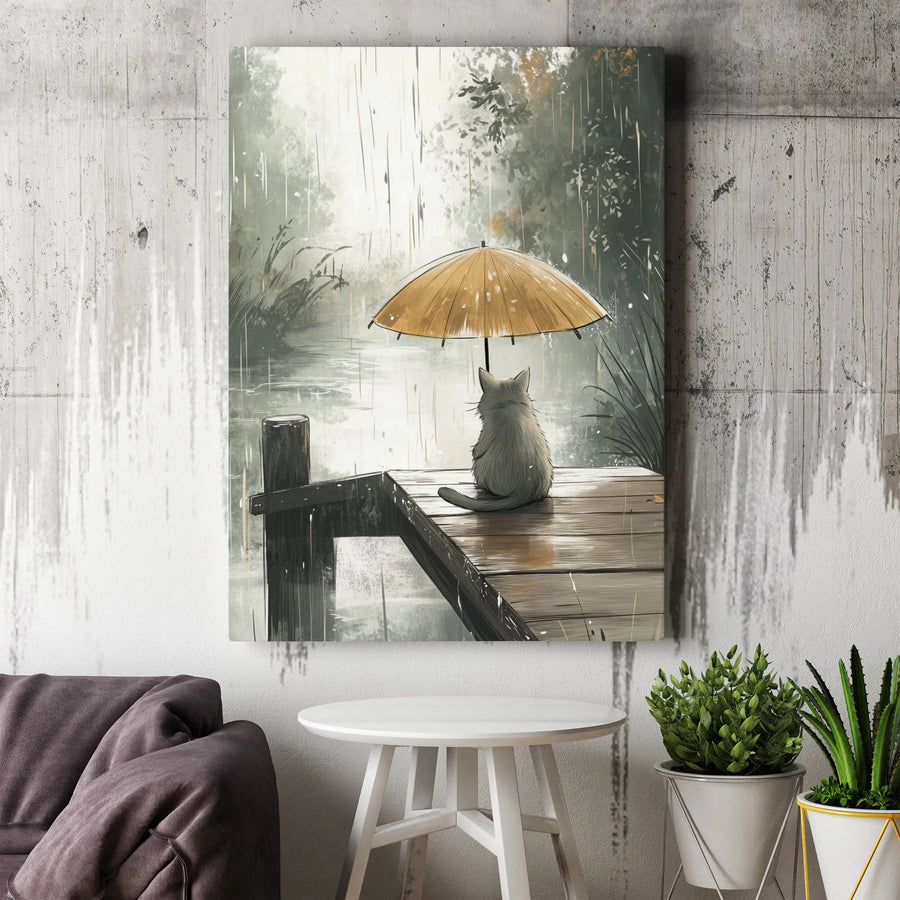 Rainy Day Cat Wall Art | Yellow Umbrella Aesthetic Canvas | Premium Fade-Resistant Print | Cozy Home Decor Gift for Cat Lovers