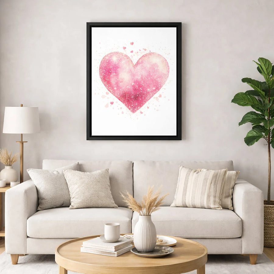 Pink Glitter Heart Canvas Art | Sparkling Watercolor Love Decor | Gallery-Wrapped Premium Print | Romantic Nursery or Bedroom Wall Gift