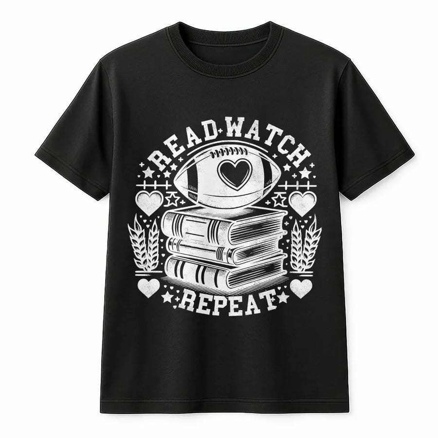 Bookish Football T-Shirt | Read Watch Repeat Gameday Graphic | Cozy Cotton Blend Crewneck | Gift for Women Readers and Sports Fans