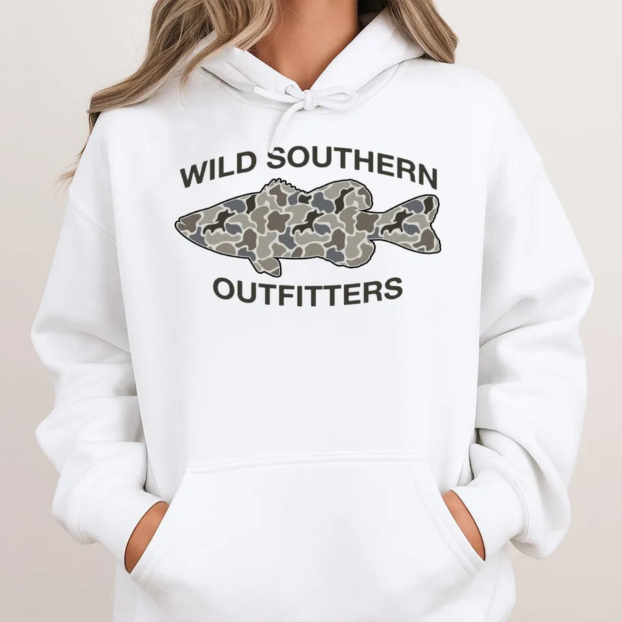 Fishing Hoodie | Camo Bass Fish Graphic | Premium Cotton Blend | Gift for Outdoorsmen and Anglers