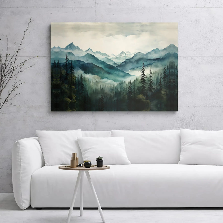 Mountain Landscape Canvas Art | Misty Pine Forest Watercolor Print | Premium Gallery Wrap Wall Decor | Nature Inspired Gift for Home Office