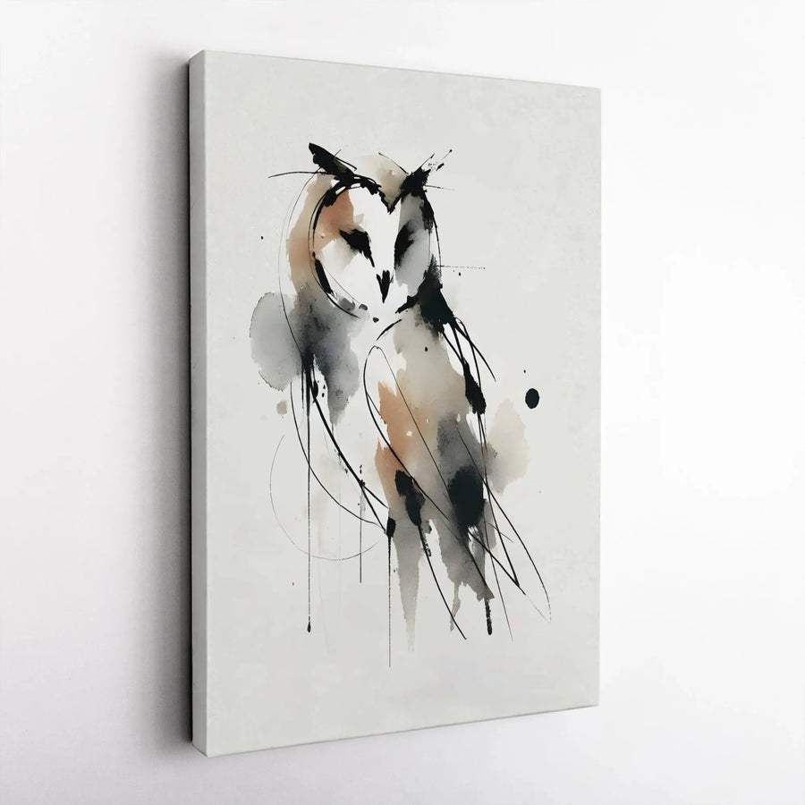 Abstract Owl Vertical Canvas | Minimalist Ink Wash Sketch Art Print | Premium Thick Frameless Design | Modern Home Decor Collector's Gift