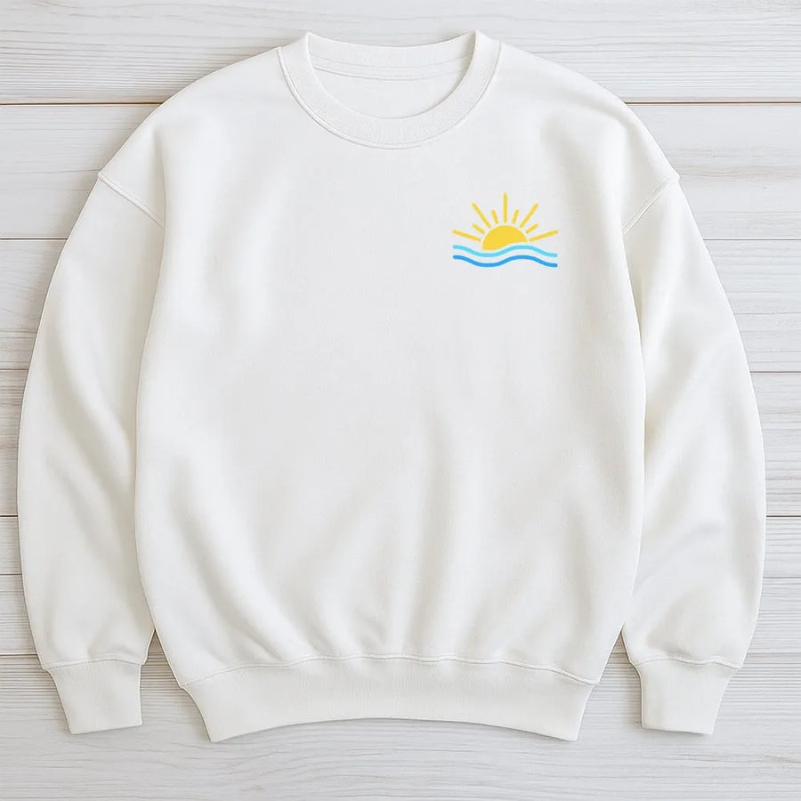 Summer Beach Sweatshirt | Minimalist Sun and Wave Graphic | Premium Soft Cotton Blend | Cozy Vacation Crewneck Gift for Her