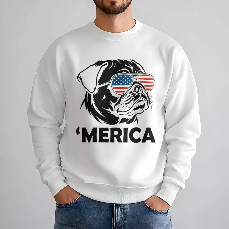 Funny 4th of July Pug Sweatshirt | 'Merica Dog with Sunglasses | Premium Soft Cotton Blend | Patriotic Gift for Pug Owner