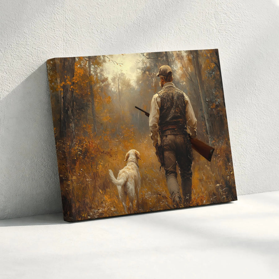 Hunter and Labrador Dog Canvas | Autumn Forest Landscape Art | Premium Gallery-Wrapped Print | Gift for Outdoorsmen and Hunters