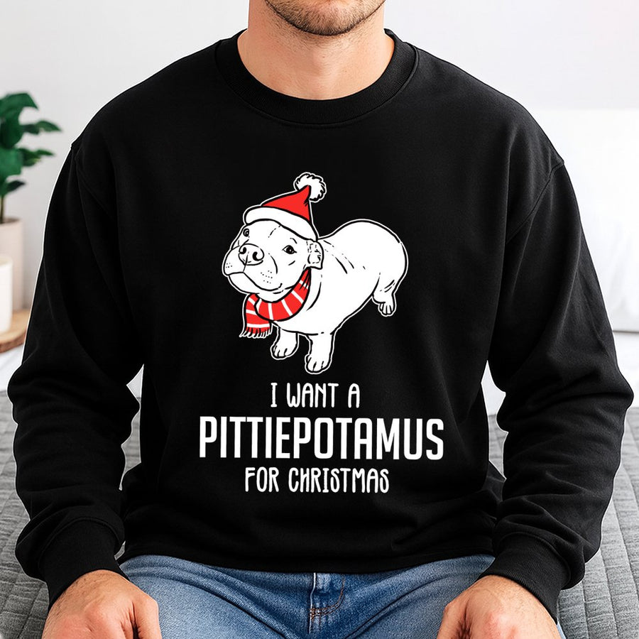 I Want A Pittiepotamus Christmas Sweatshirt | Funny Pitbull Puppy Holiday Design | Soft Cotton-Poly Blend | Cute Gift For Pitbull Mom And Dad