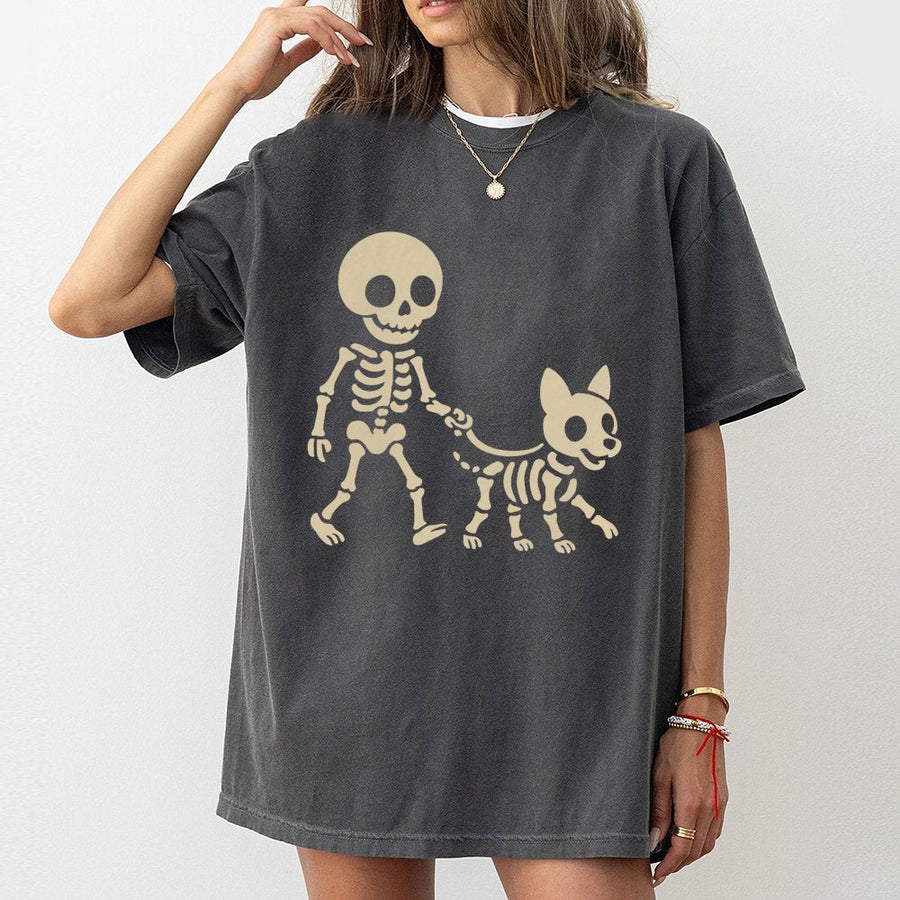 Skeleton Walking Dog T-Shirt | Funny Spooky Season Graphic | Premium Cotton Unisex Tee | Gift for Dog Lovers and Halloween Enthusiasts