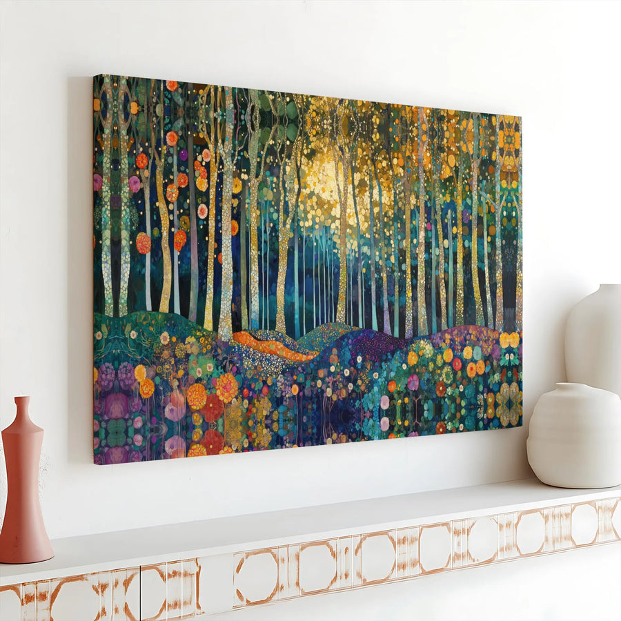 Abstract Enchanted Forest Canvas Wall Art | Whimsical Birch Trees & Wildflower Meadow | Premium Gallery Wrapped Print | Modern Living Room Decor Gift