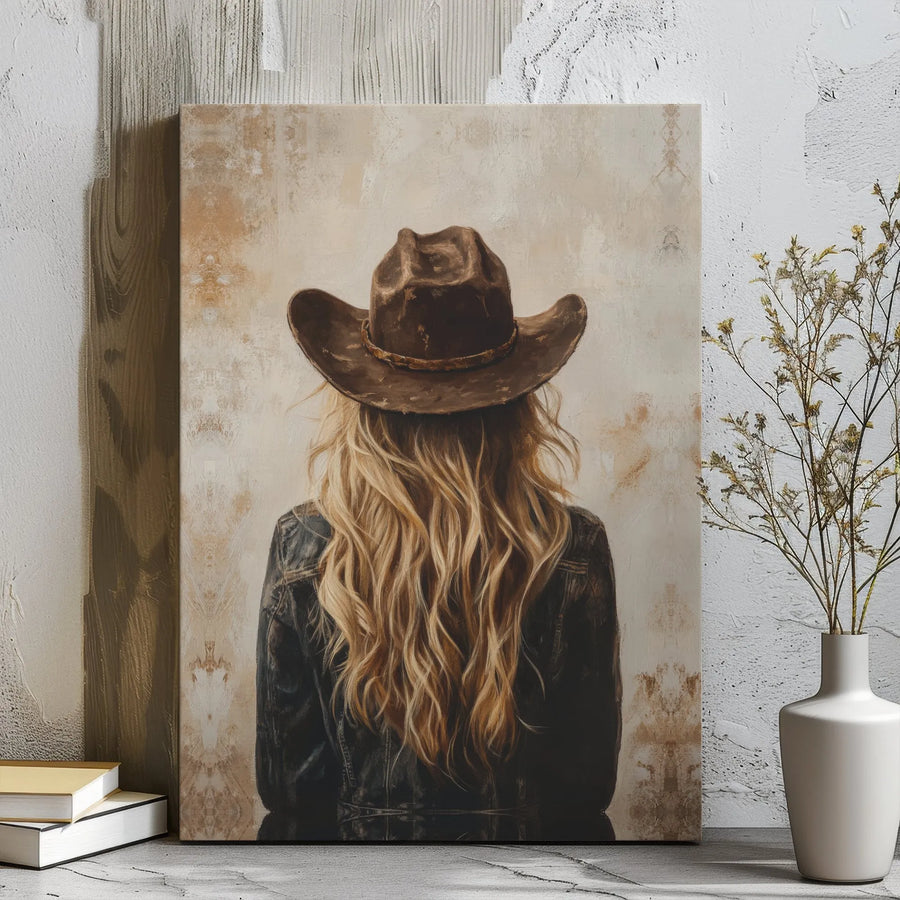 Western Cowgirl Canvas Wall Art | Blonde Hair Portrait in Cowboy Hat | Premium Gallery Wrap Decor | Farmhouse Aesthetic Gift for Her