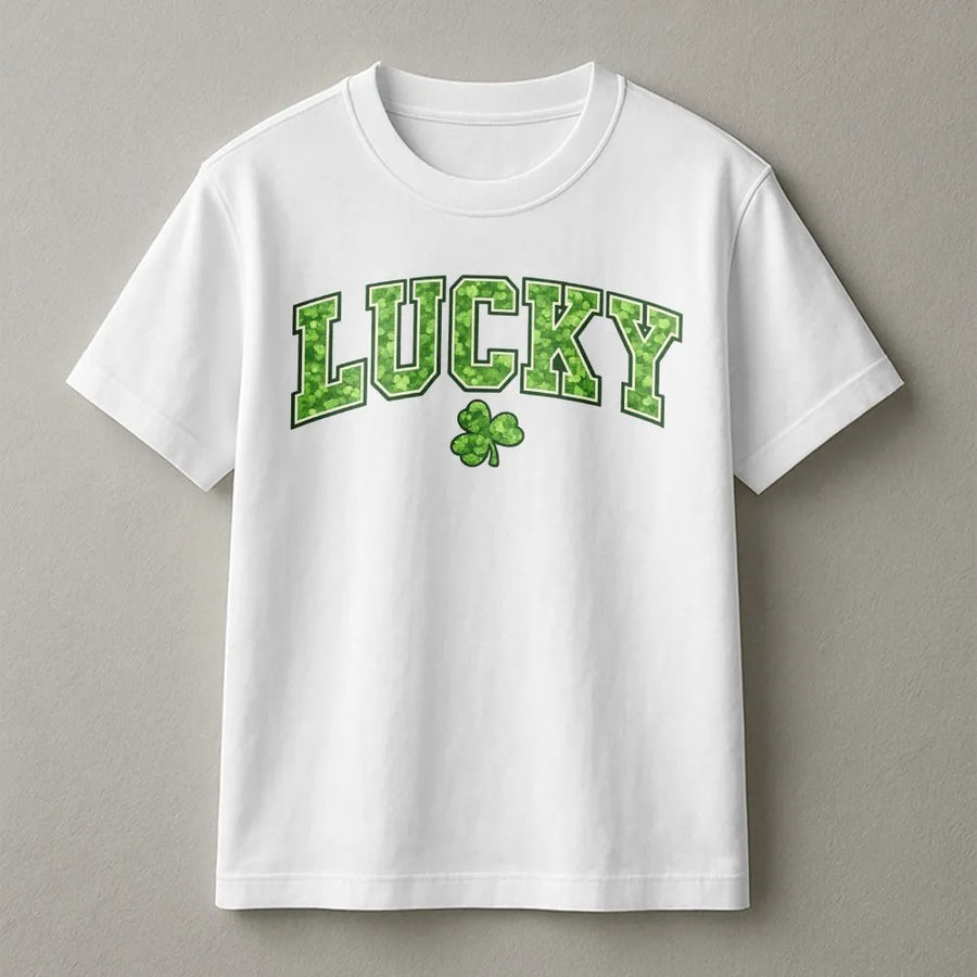 Lucky St. Patrick's Day T-Shirt | Varsity Green Clover Letter Graphic | Premium Soft Cotton | Festive Irish Gift for Men and Women