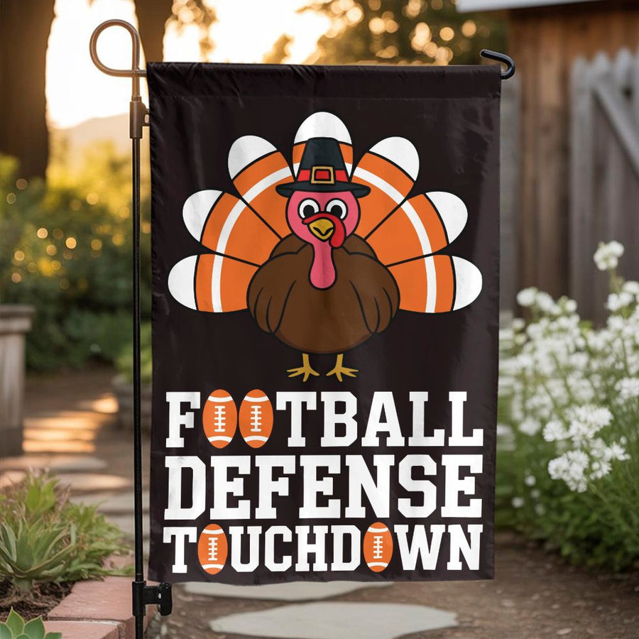 Thanksgiving Garden Flag | Funny Football Turkey Pilgrim Design | Weather-Resistant Polyester Decor | Seasonal Yard Sign for Football Fans
