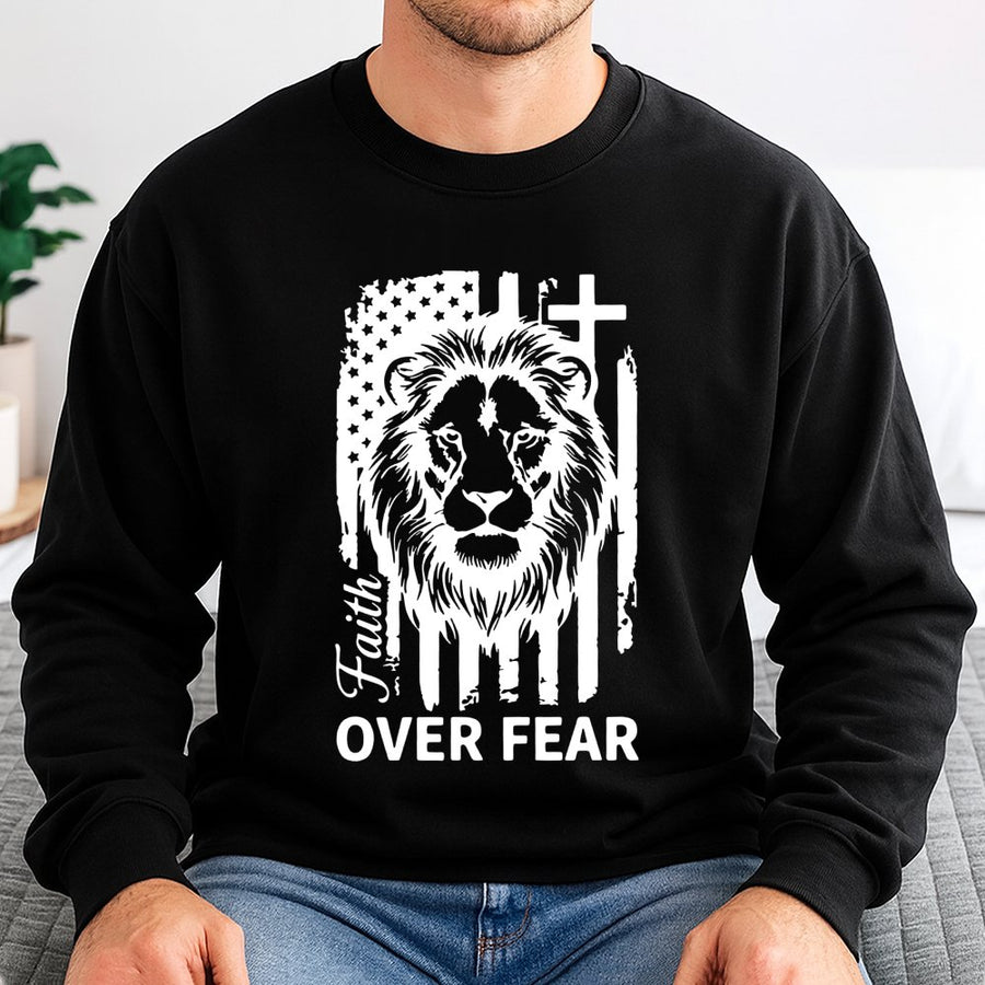 Faith Over Fear Sweatshirt | Lion American Flag Cross Graphic | Premium Cotton Blend Crewneck | Christian Gift for Men and Women