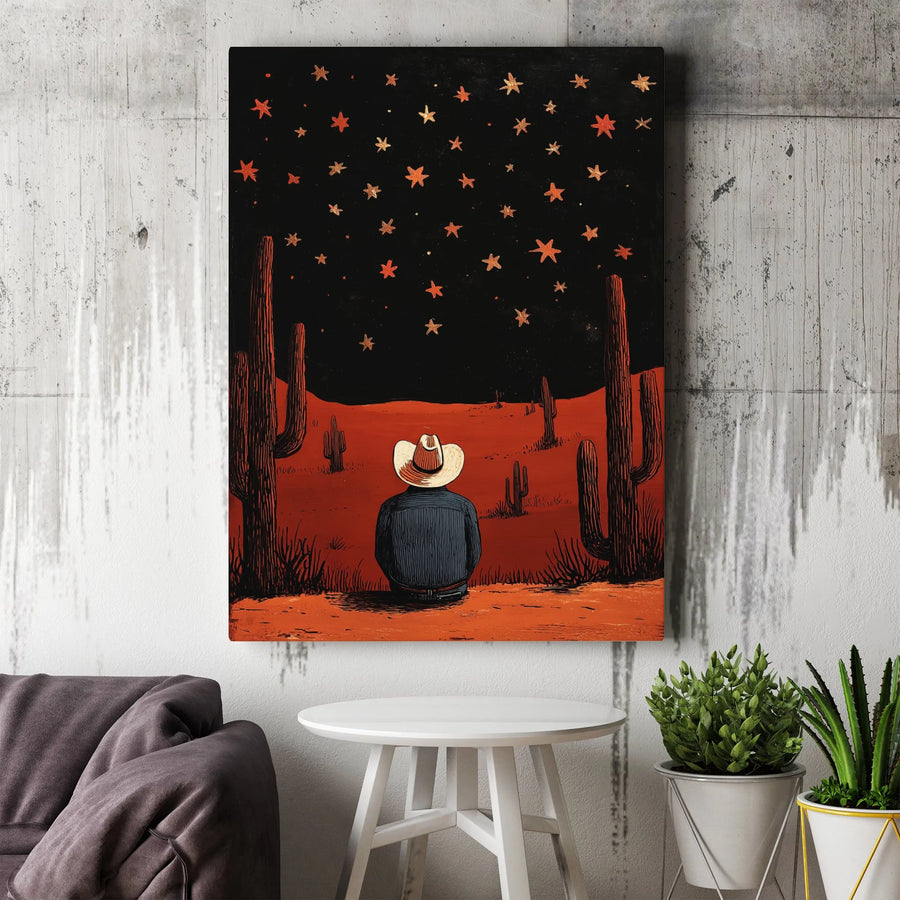 Cowboy Stargazing Desert Wall Art | Western Night Sky Silhouette Decor | Premium 1.25" Gallery Wrapped Canvas | Southwestern Home Gift Idea