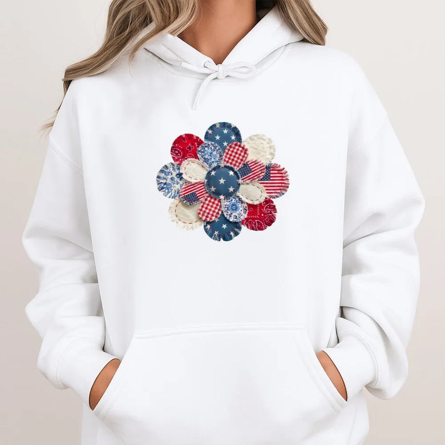 Patriotic Patchwork Flower Hoodie | Americana Quilt Style Graphic | Premium Comfort Colors Tee | 4th of July Gift for Women