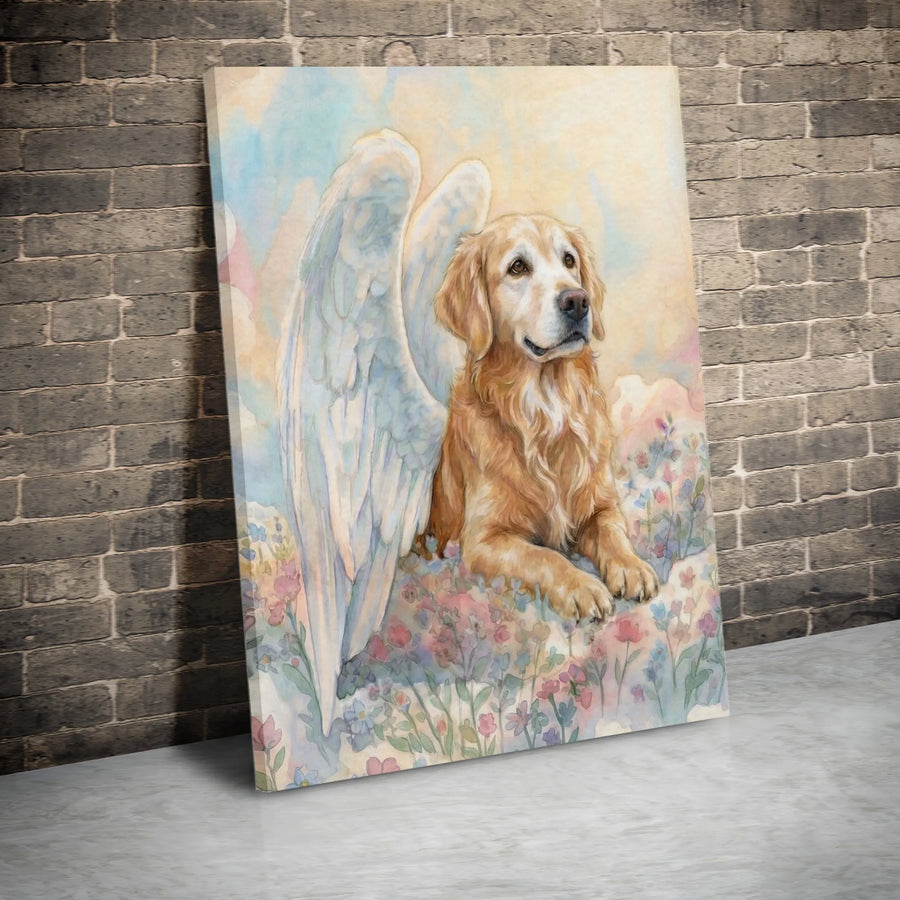 Golden Retriever Angel Canvas Wall Art | Watercolor Dog with Wings Painting | Premium Frameless Canvas Print | Pet Loss Sympathy Gift for Dog Lover