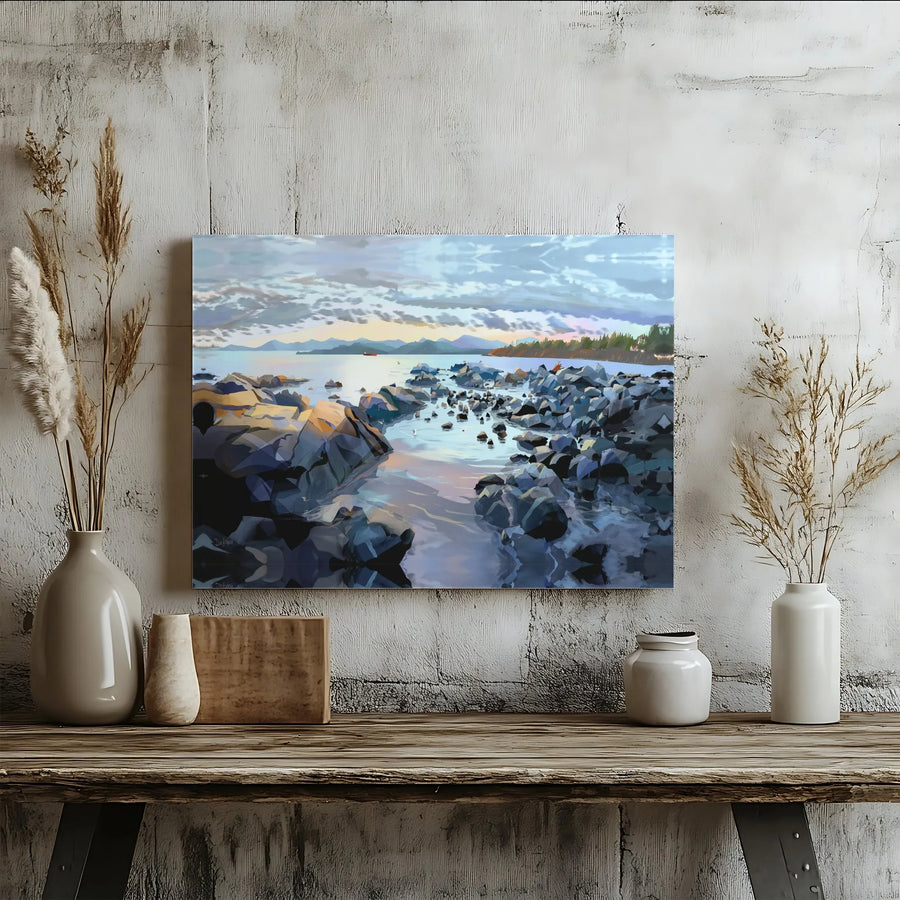 Coastal Seascape Canvas Wall Art | Rocky Shore Sunset Painting | Premium Gallery Wrap Print | Modern Nature Decor Gift for Home Office