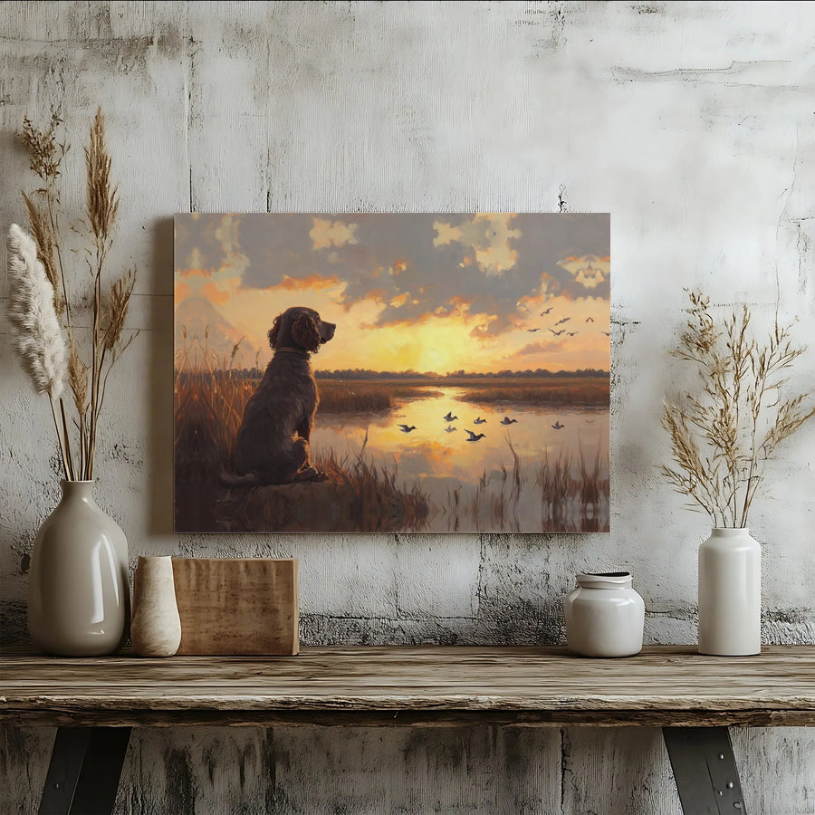Hunting Dog Canvas Wall Art | Golden Sunset Marsh Landscape | Premium Gallery-Wrapped Print | Country Lodge Decor for Hunters