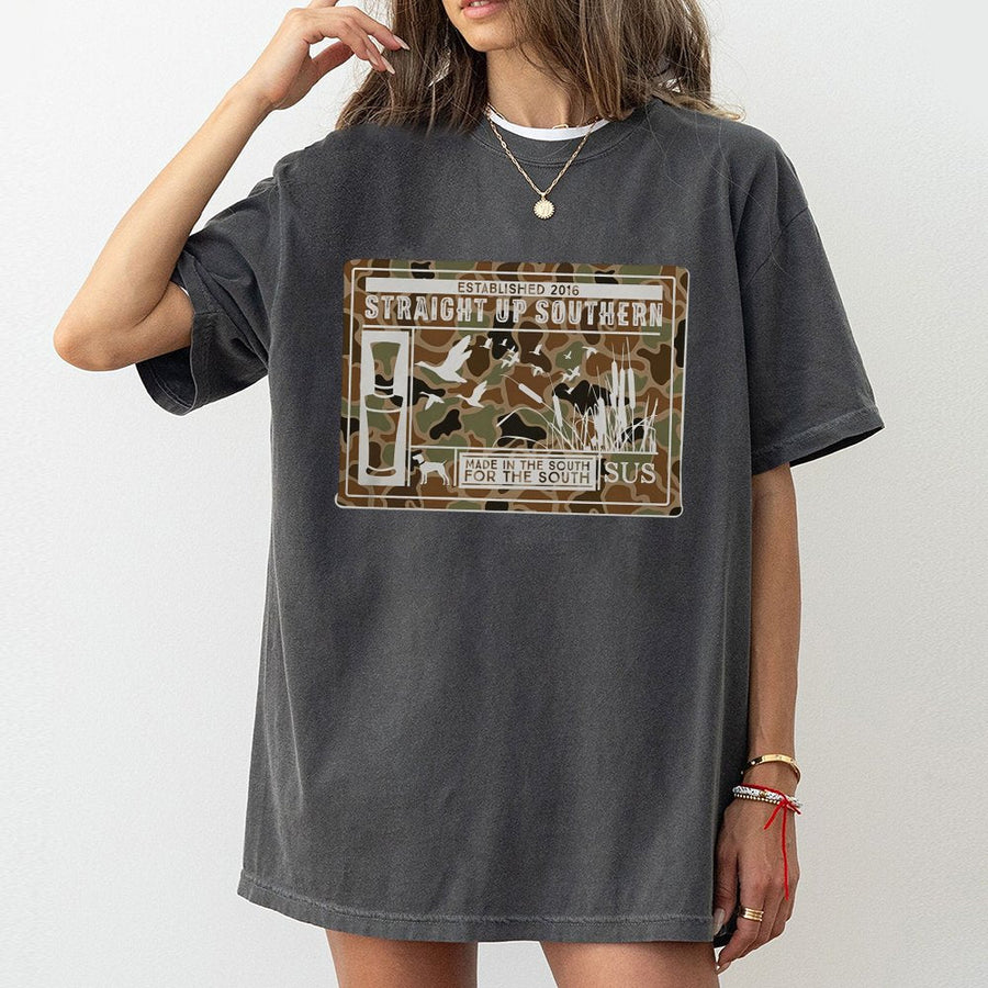 Southern Duck Hunting T-Shirt | Camo Wildlife Graphic Print | Premium 100% Cotton Tee | Gift for Outdoor Country Sportsmen