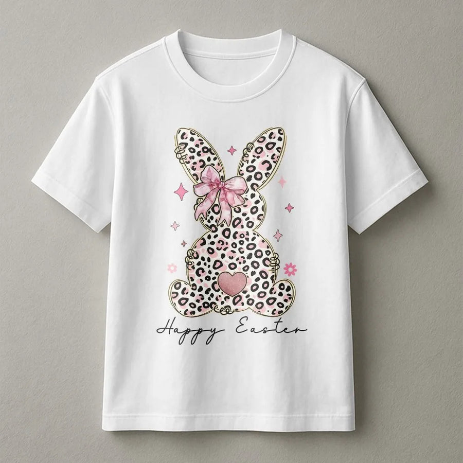 Easter Bunny T-Shirt | Leopard Print Bow Graphic | 100% Cotton Premium Tee | Cute Holiday Apparel For Women And Men