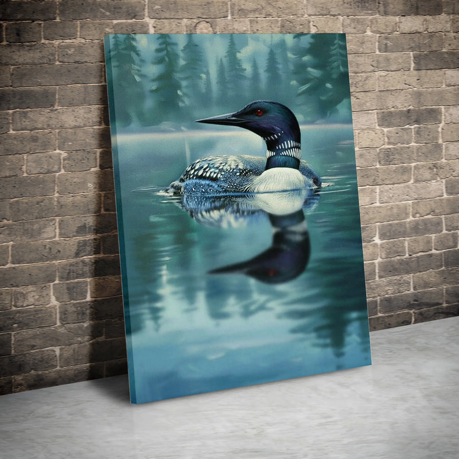 Loon Canvas Wall Art | Realistic Bird Painting on Misty Lake | Premium Gallery Wrap Canvas | Rustic Cabin Decor Gift for Nature Lover
