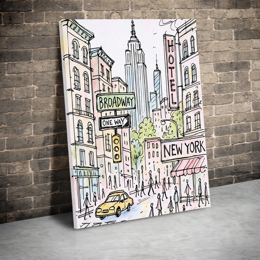 New York City Street Art Canvas | Watercolor Broadway Empire State Building Sketch | Premium Gallery-Wrapped Print | Travel Inspired Home Decor
