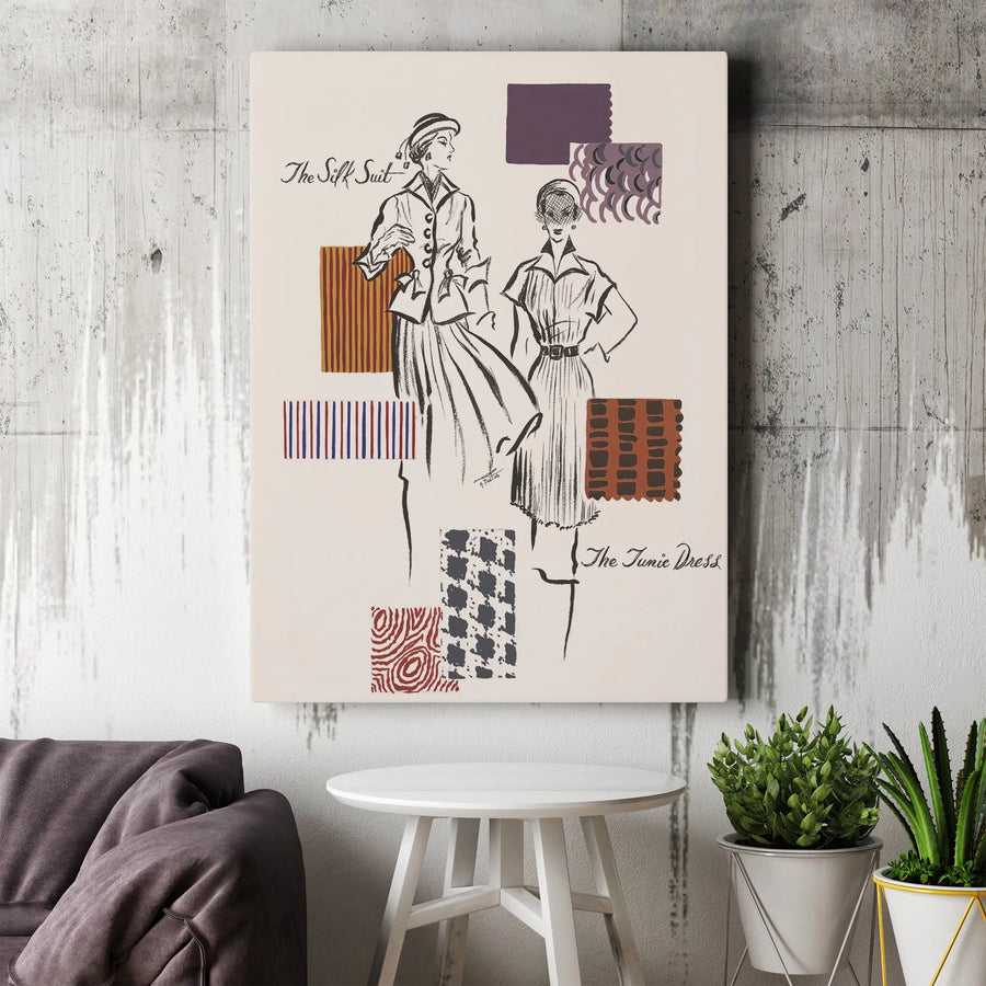 Vintage Fashion Vertical Canvas | Retro Silk Suit & Tunic Dress Sketch | Premium Gallery Wrap Canvas | Collector's Gift for Fashion Lover